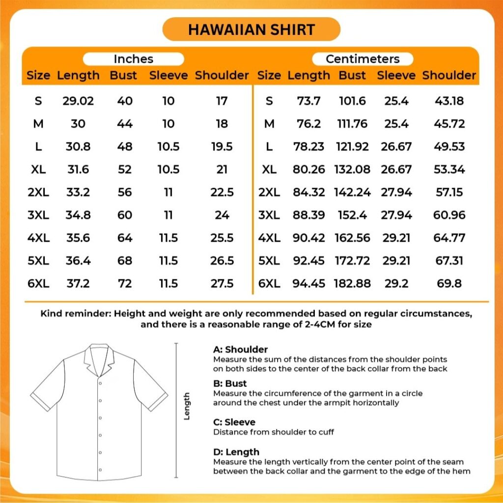 3D Hawaiian Shirt Size Chart - Resident Evil UK Shop