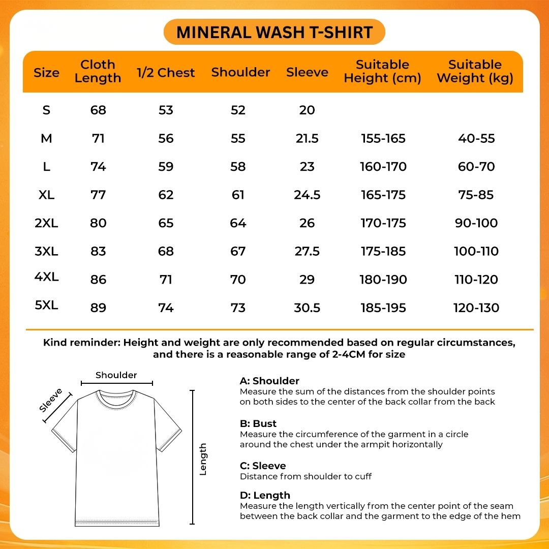 Mineral Wash T Shirt Size Chart - Resident Evil UK Shop
